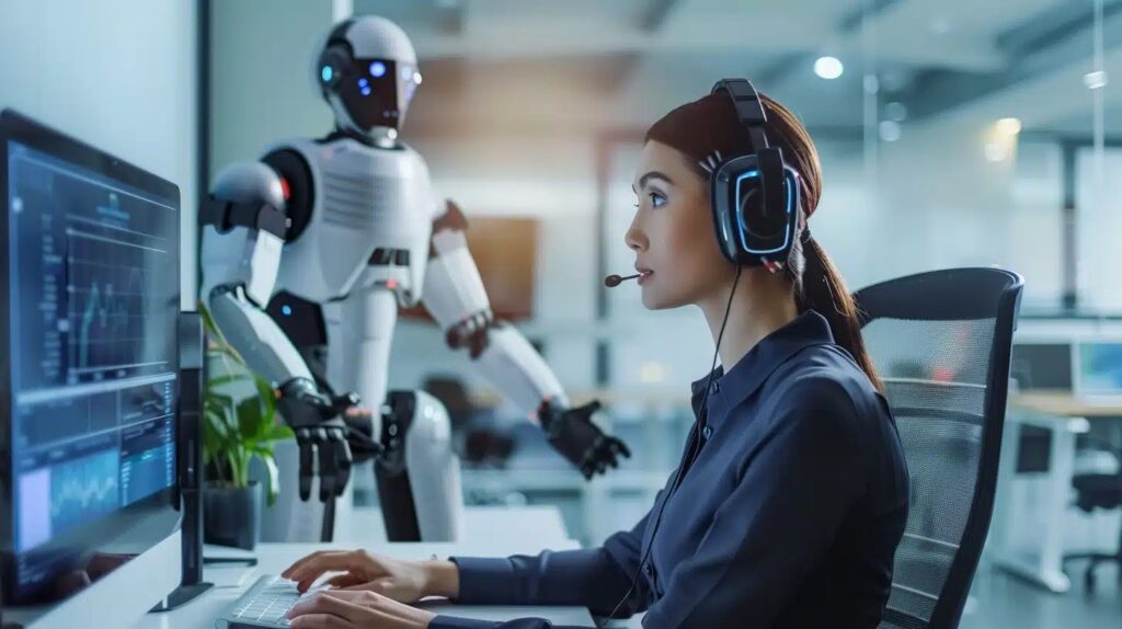 image of a woman working in front of a computer with headphones.